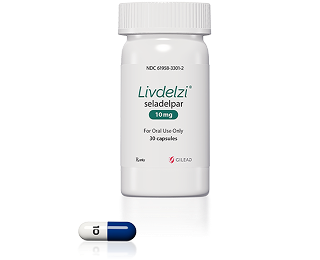LIVDELZI® (seladelpar), a half-white, half-blue 10 mg capsule  packaged in a white bottle