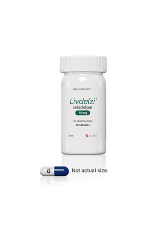 LIVDELZI® (seladelpar), a half-white, half-blue 10 mg capsule packaged in a white bottle.