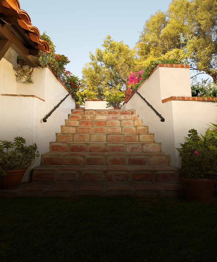 Brick staircase leading to garden 